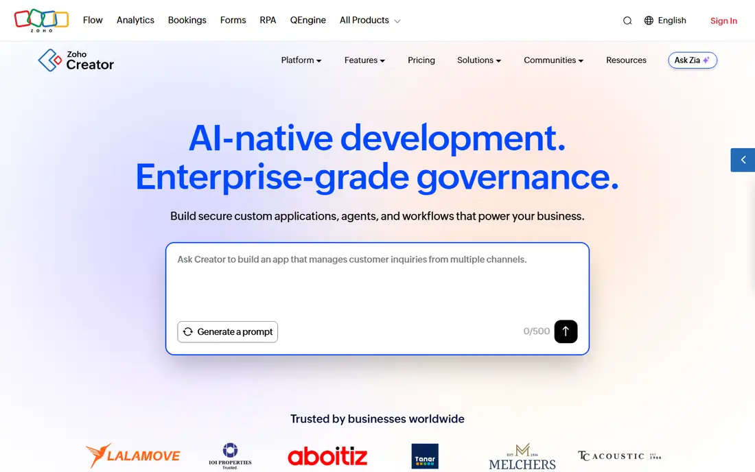 Zoho Creator homepage