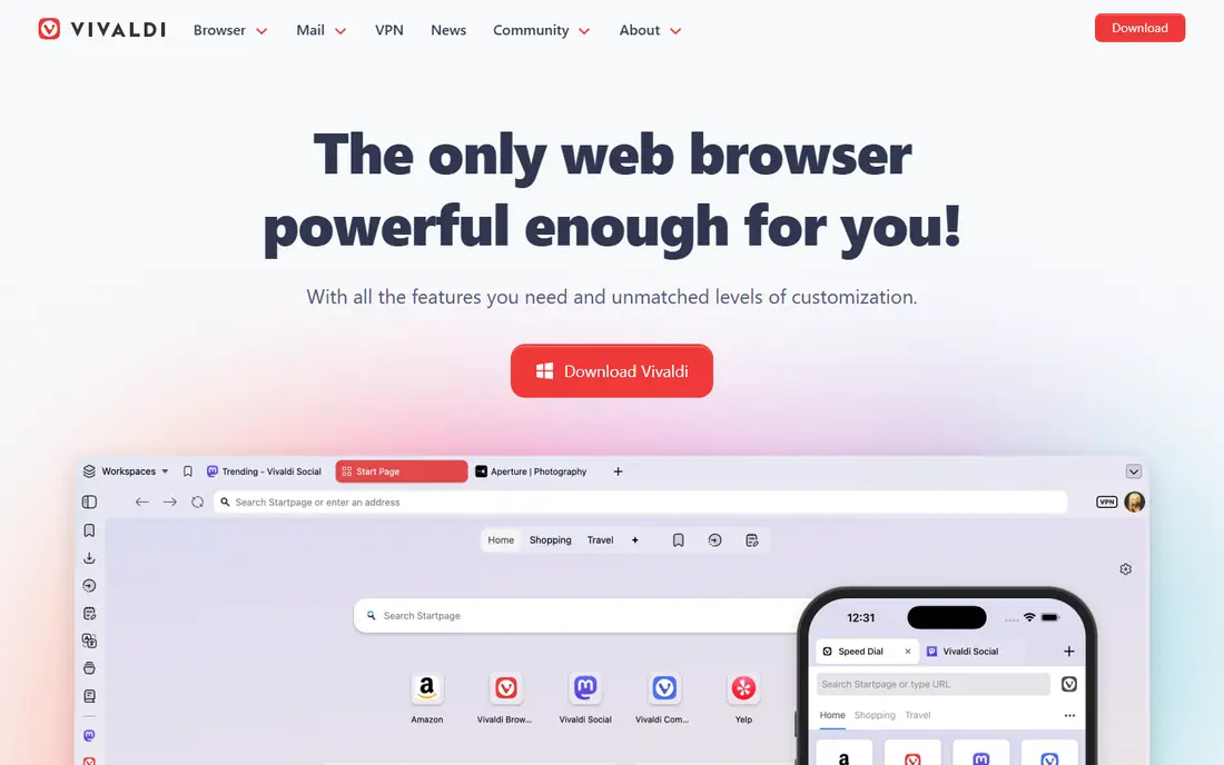 Vivaldi homepage