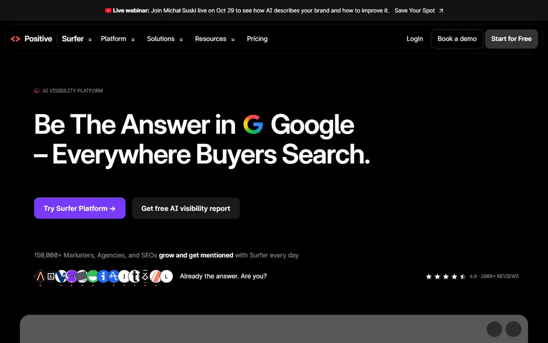 Surfer SEO homepage