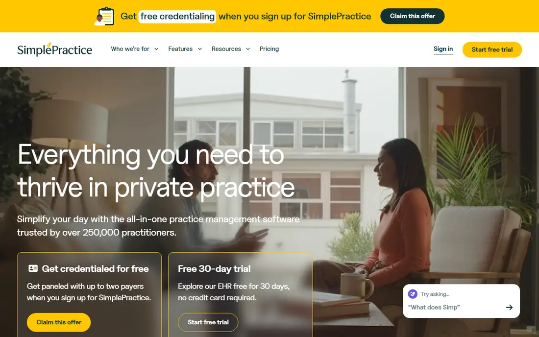 SimplePractice homepage
