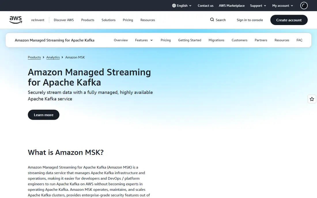 Amazon MSK homepage