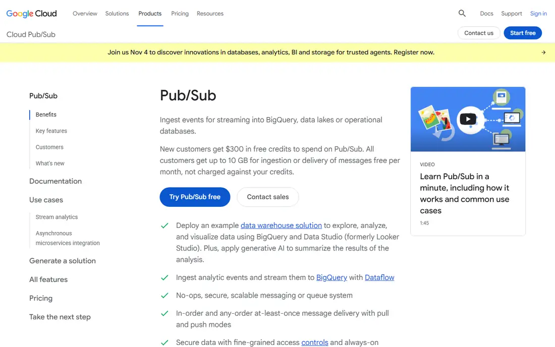 Google Pub/Sub homepage