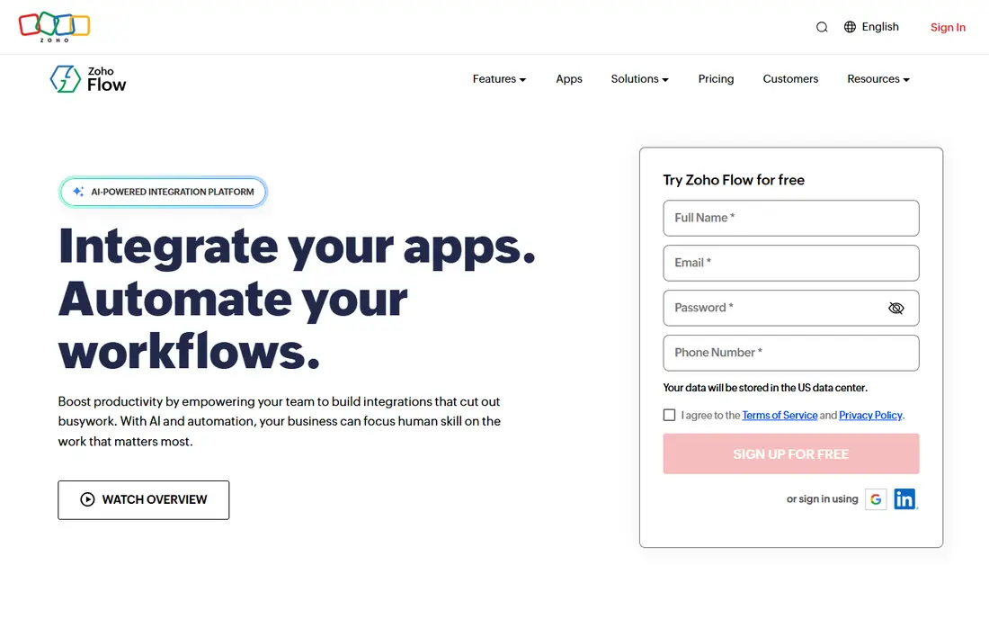 Zoho Flow homepage