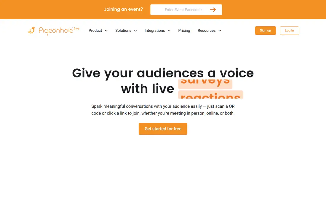 Pigeonhole Live homepage