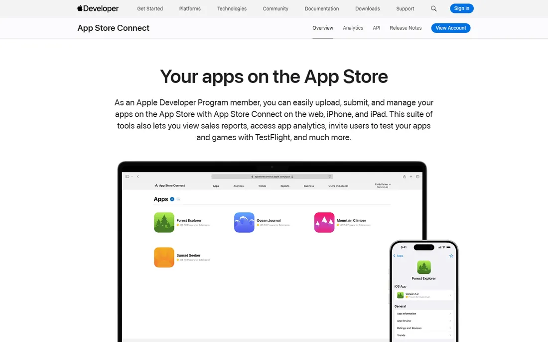 App Store Connect and Google Play Console homepage