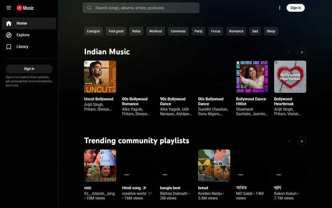 YouTube Music homepage