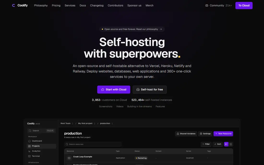 Coolify homepage