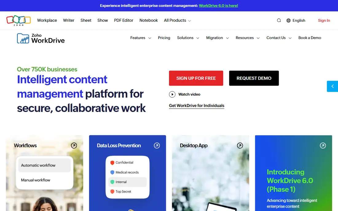 Zoho WorkDrive homepage