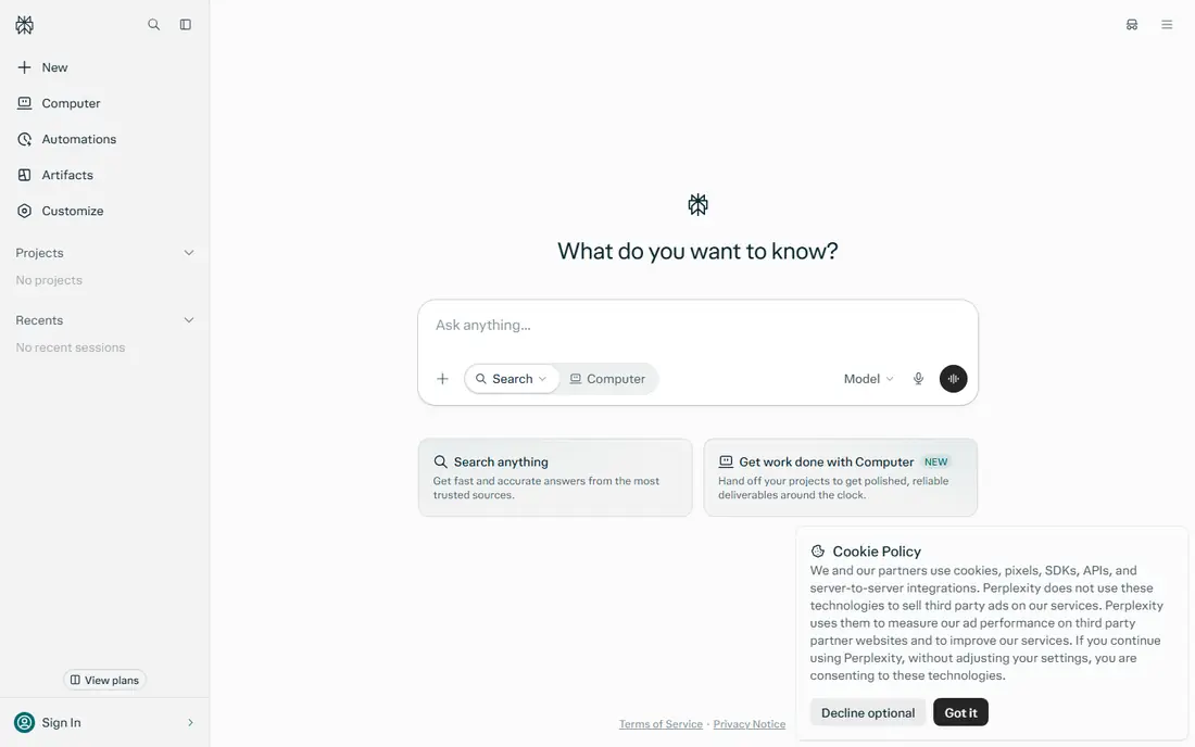 Perplexity homepage