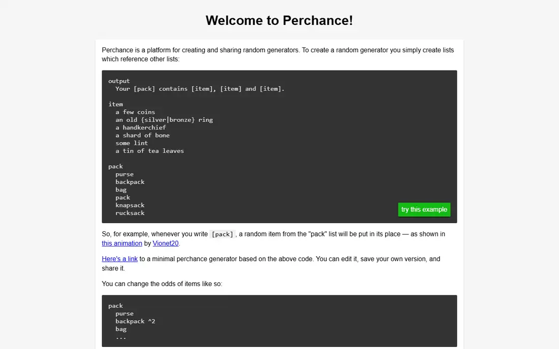 Perchance homepage
