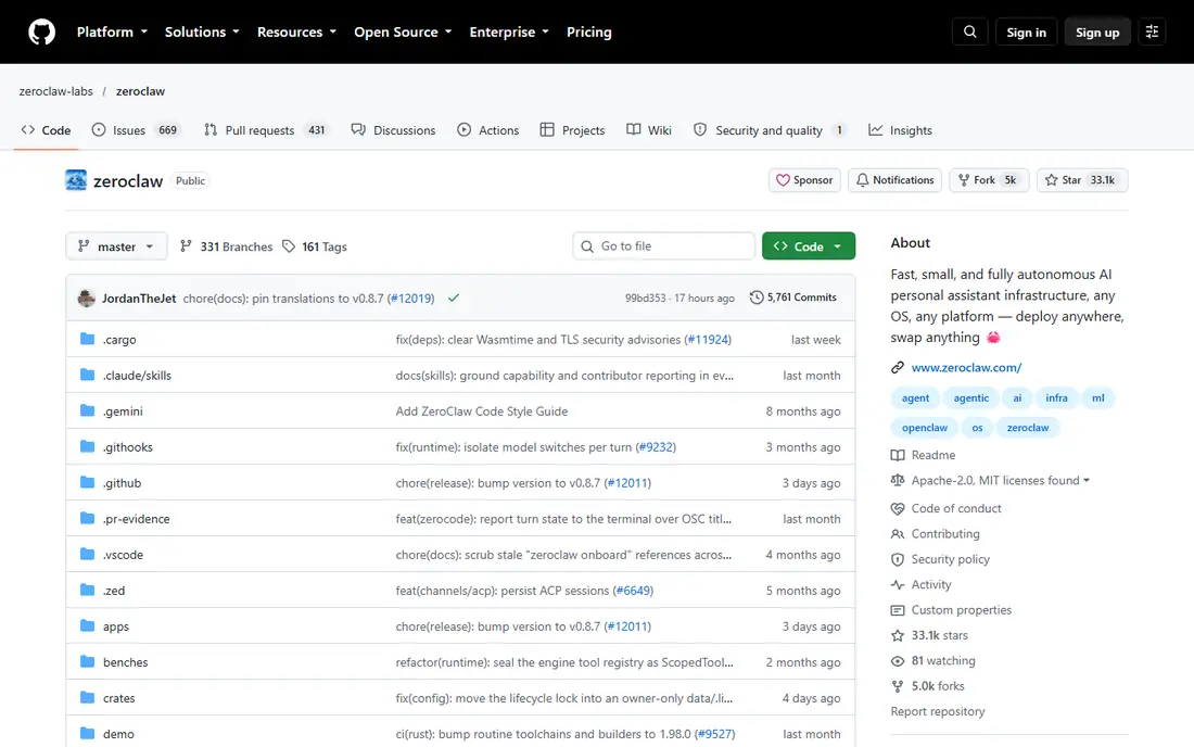 ZeroClaw homepage