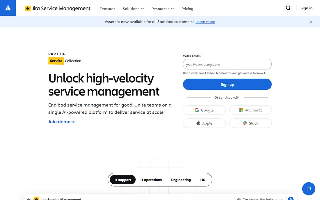 Jira Service Management homepage