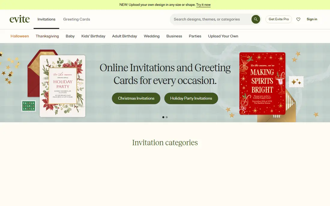 Evite homepage