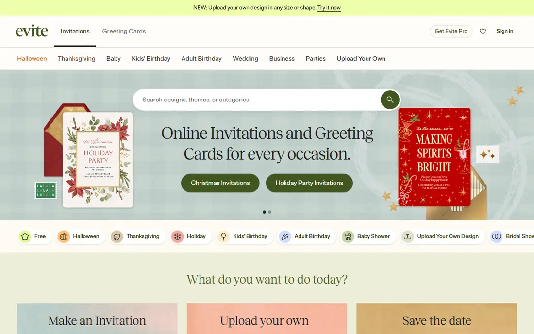 Evite homepage