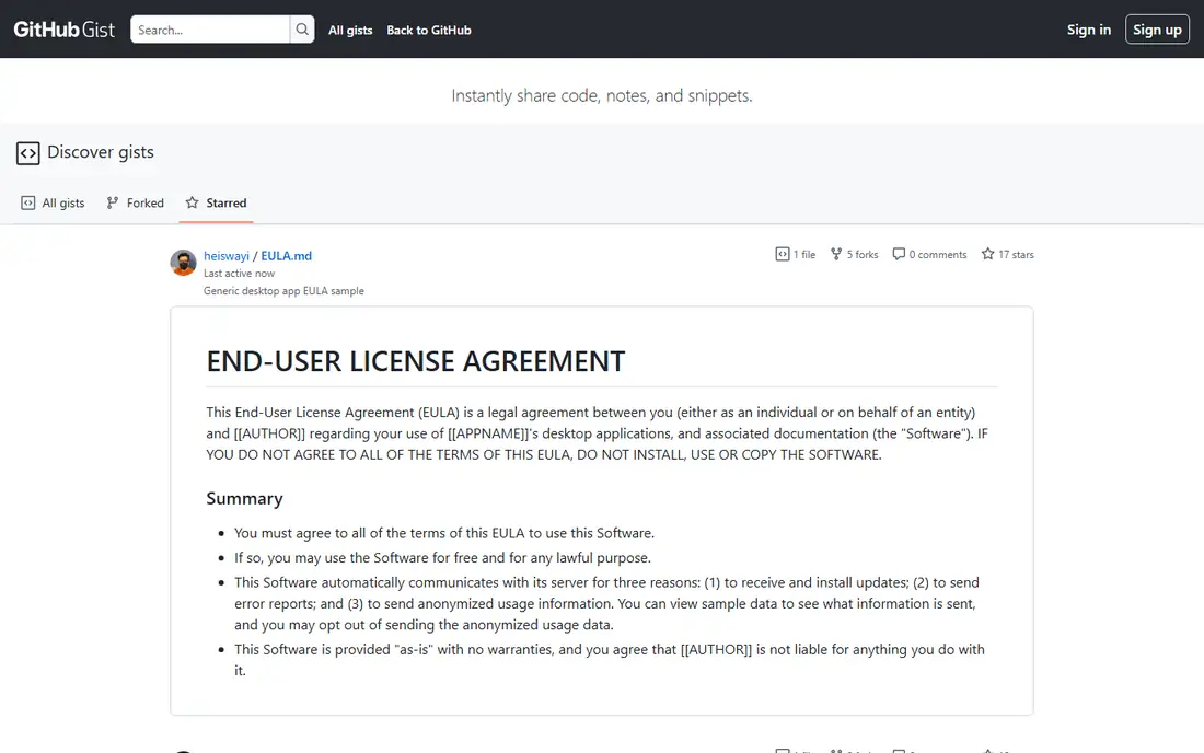 GitHub Gist homepage