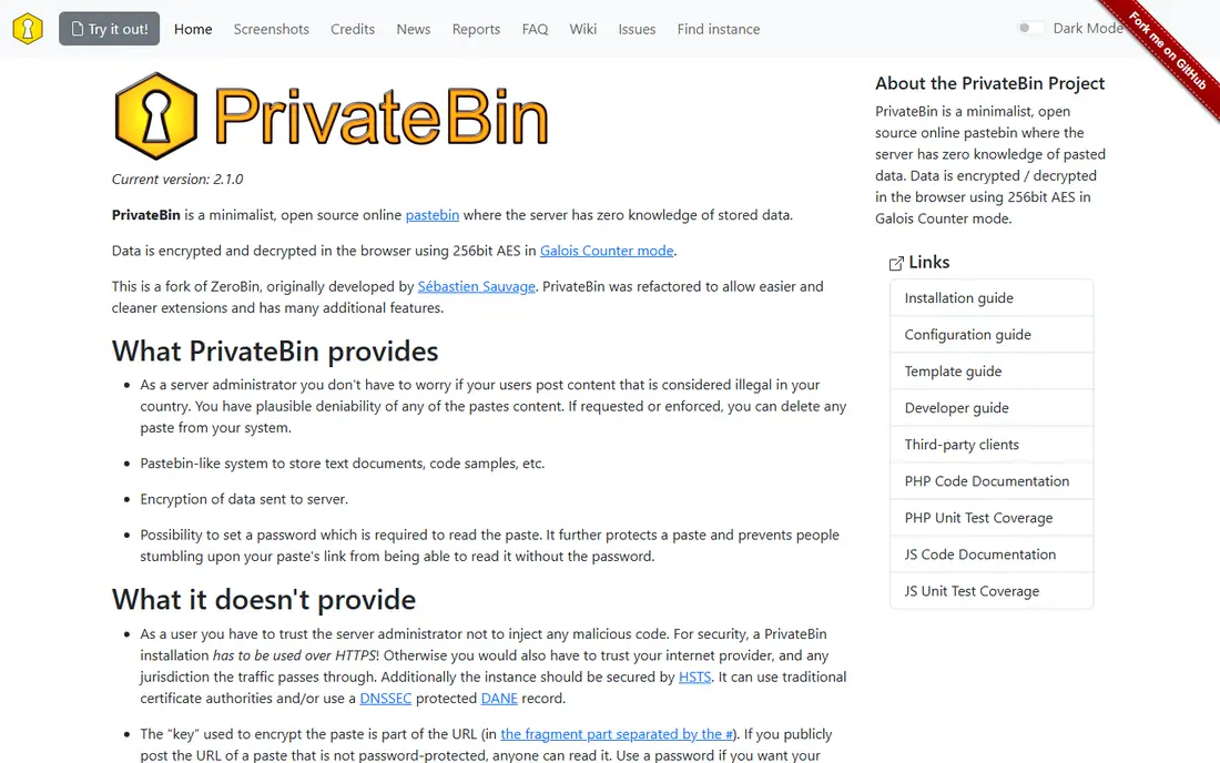PrivateBin homepage