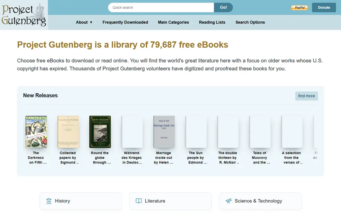 Project Gutenberg homepage