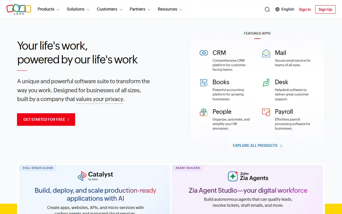 Zoho CRM homepage