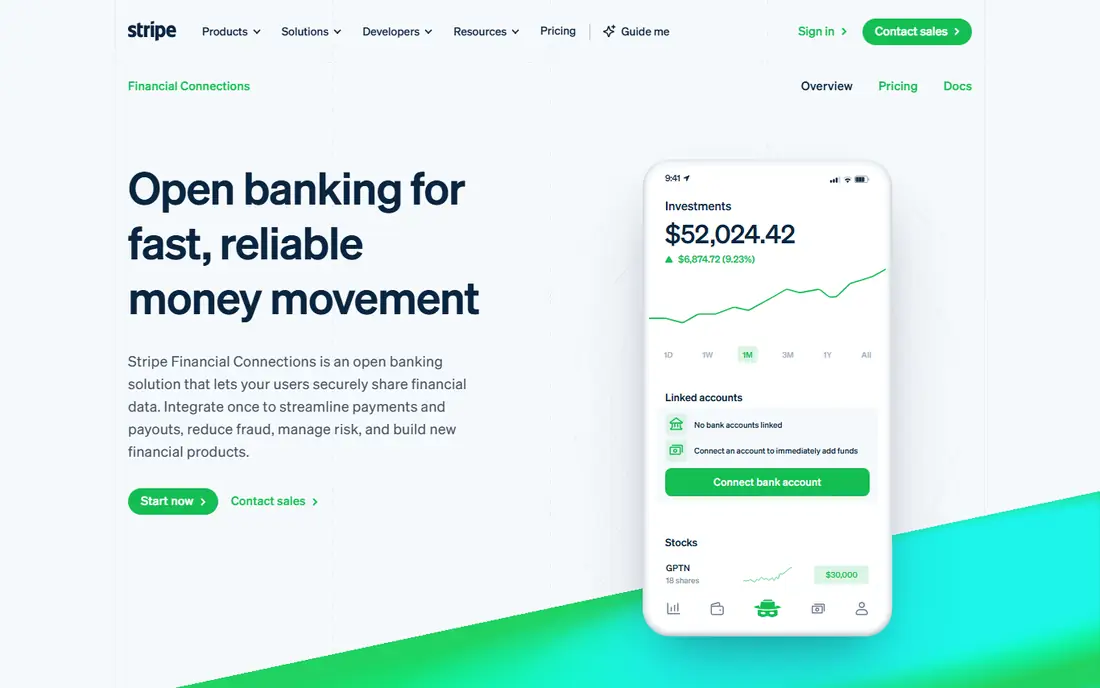 Stripe Financial Connections homepage