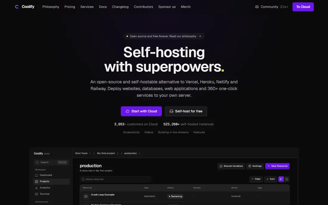 Coolify homepage