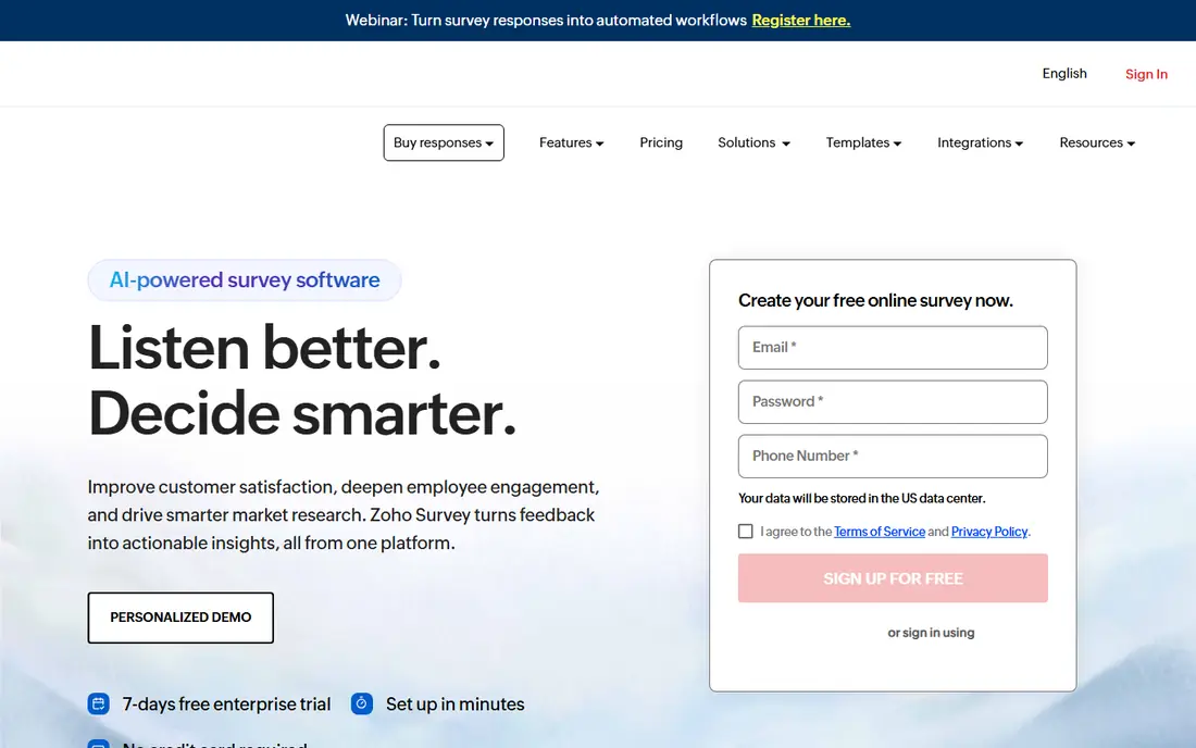 Zoho Survey homepage