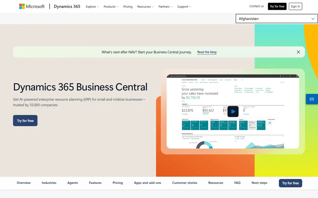 Microsoft Dynamics 365 Business Central homepage