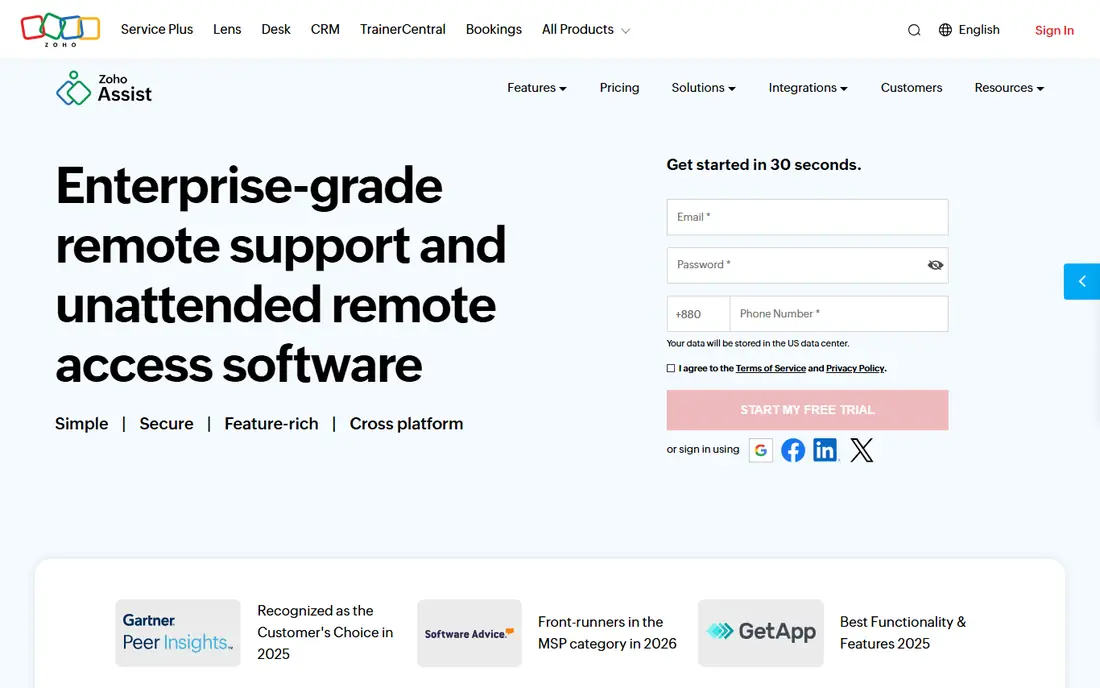 Zoho Assist homepage
