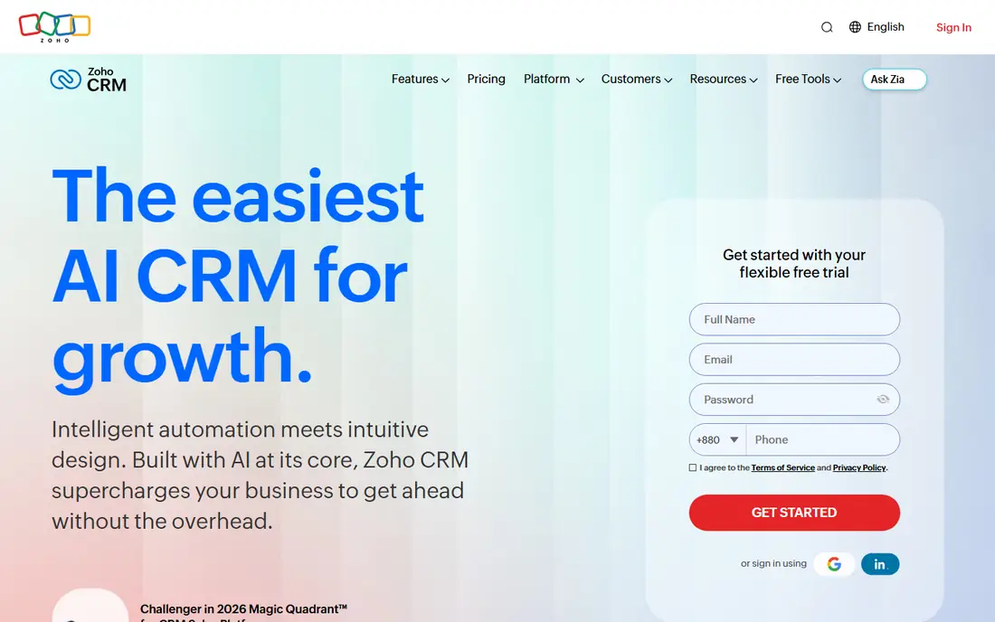 Zoho CRM homepage
