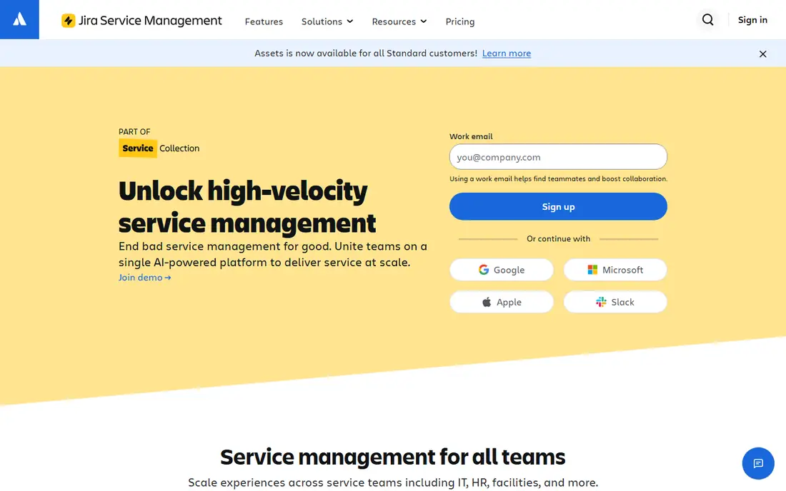 Jira Service Management homepage