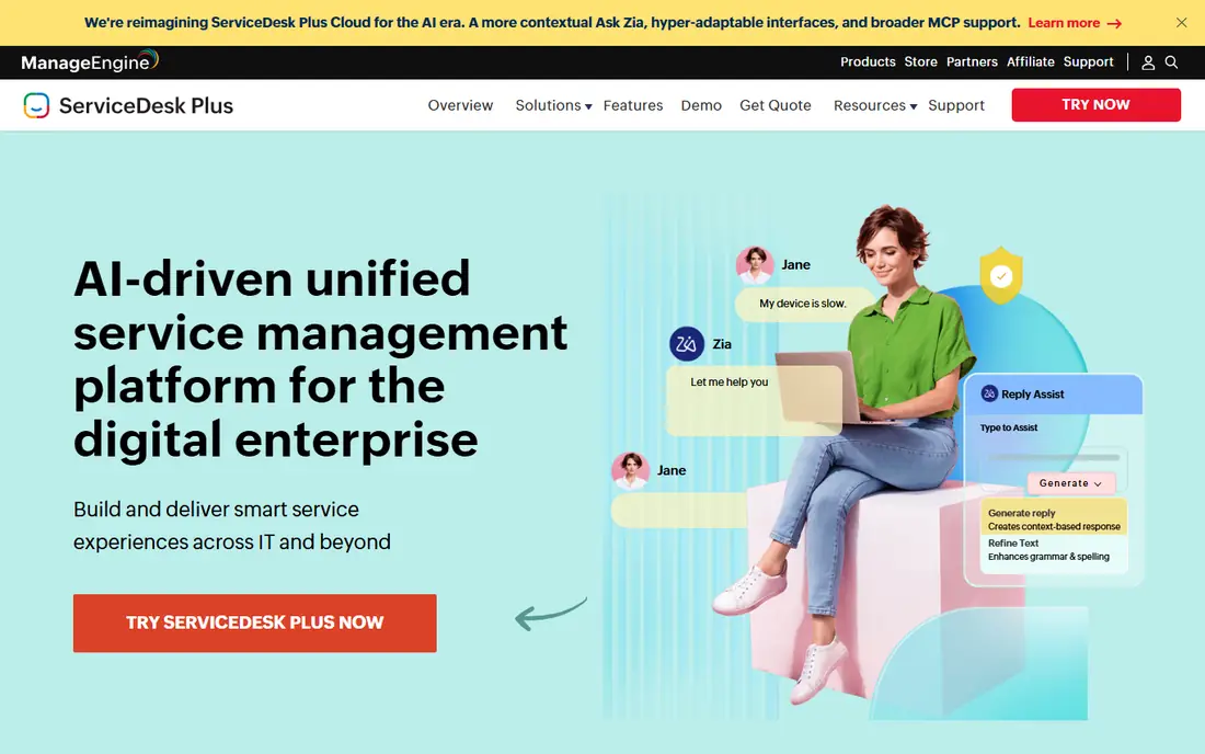 ManageEngine ServiceDesk Plus homepage
