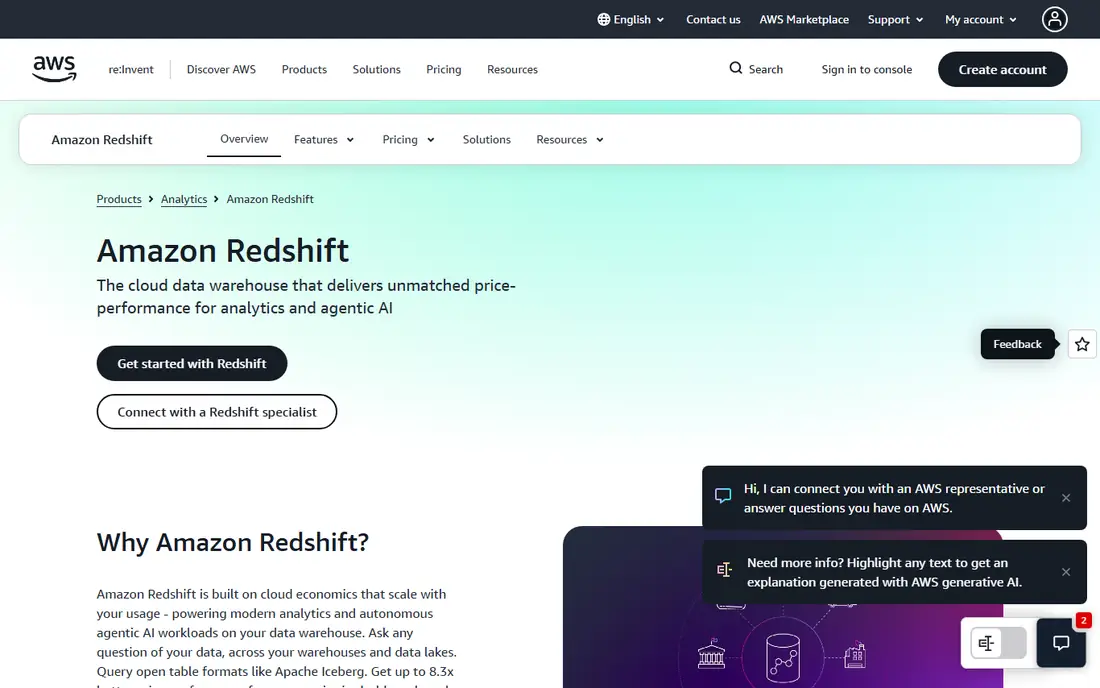 Amazon Redshift homepage