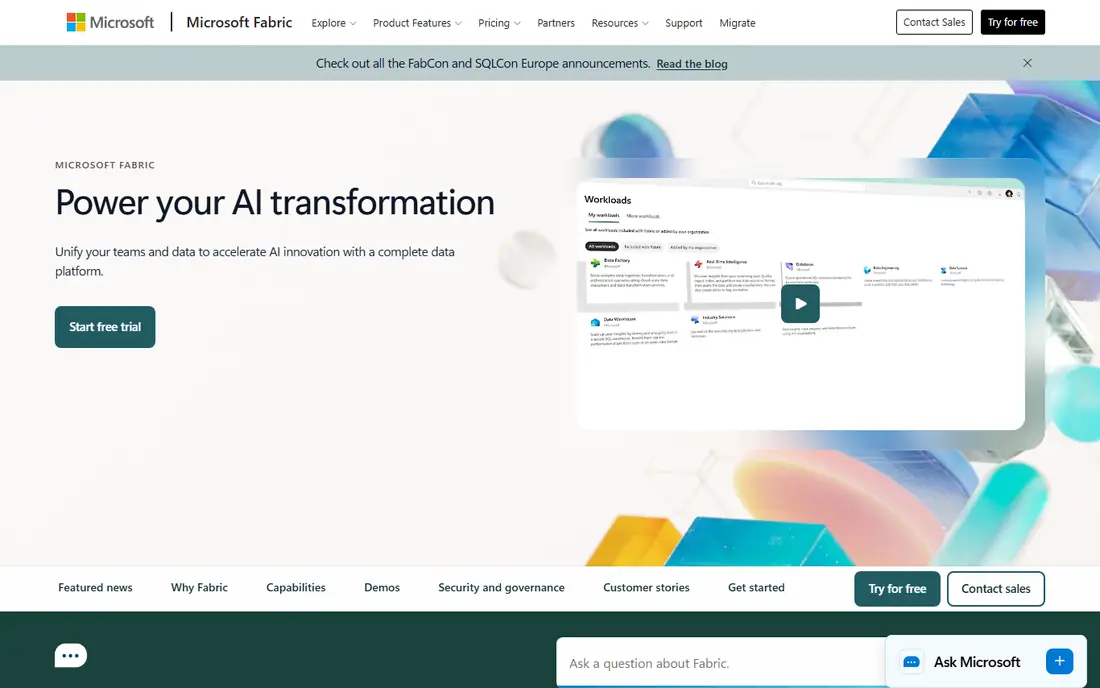 Microsoft Fabric homepage