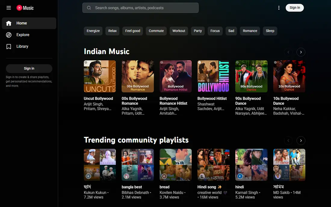 YouTube Music homepage