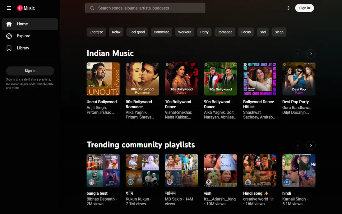 YouTube Music homepage