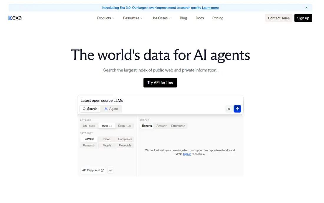 Exa homepage
