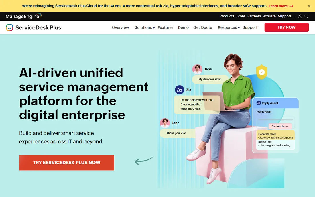 ManageEngine ServiceDesk Plus homepage