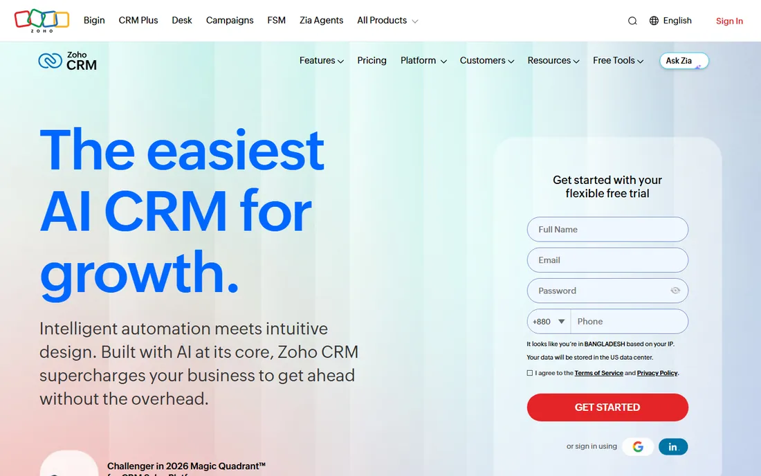 Zoho CRM homepage