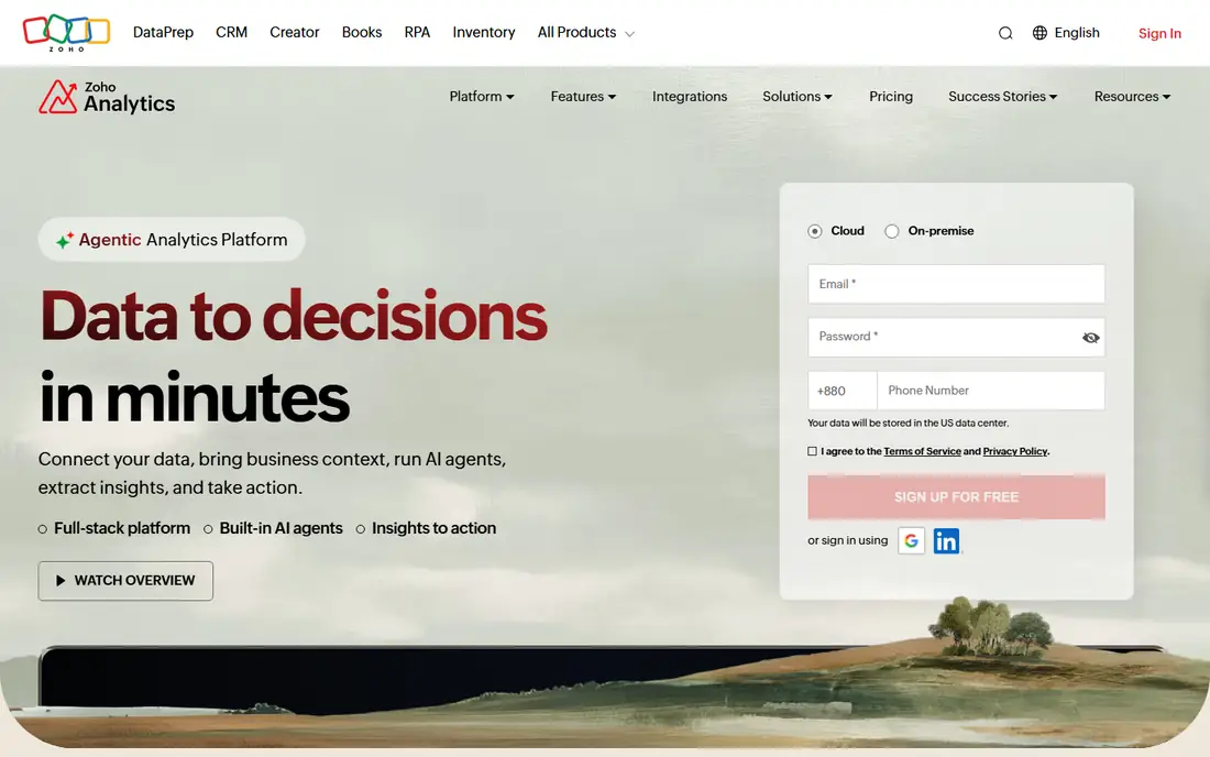 Zoho Analytics homepage