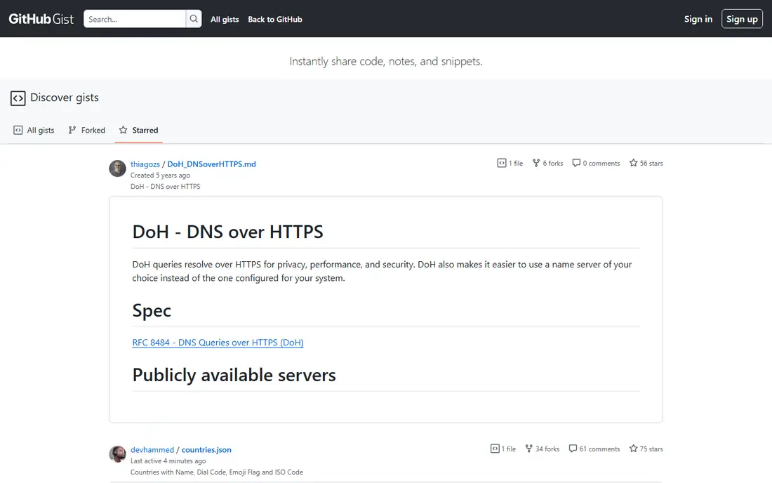 GitHub Gist homepage