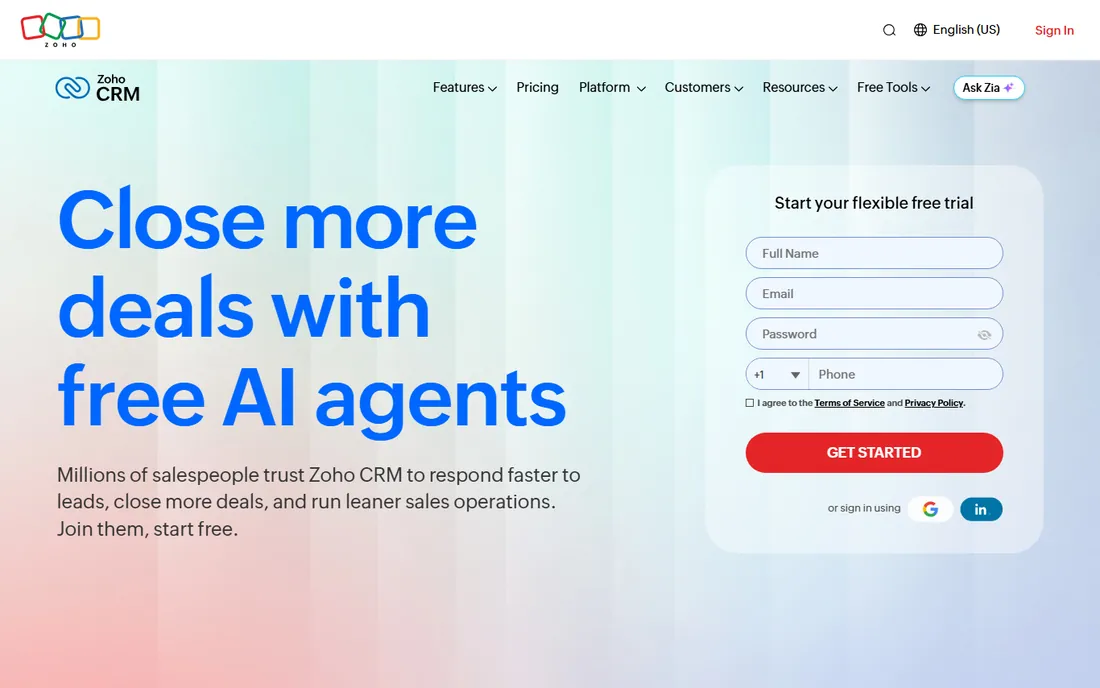 Zoho CRM homepage