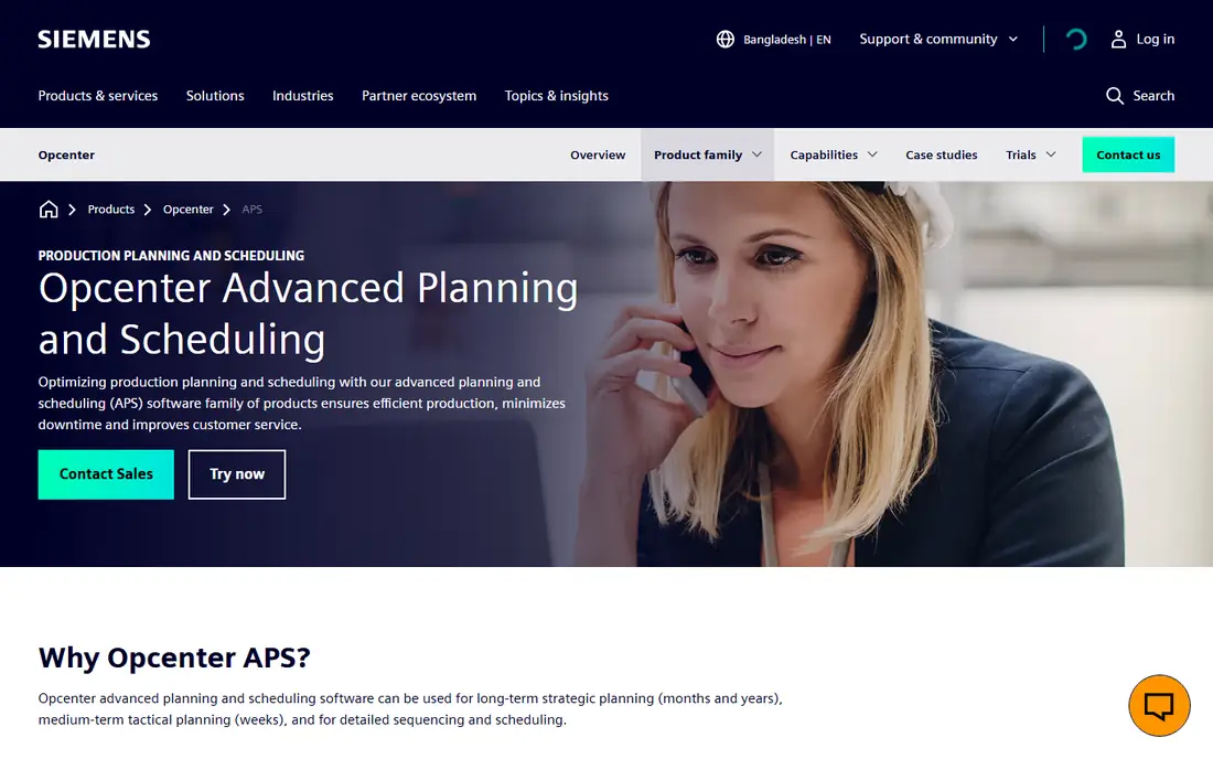 Siemens Opcenter APS homepage