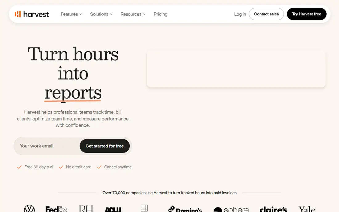Harvest homepage