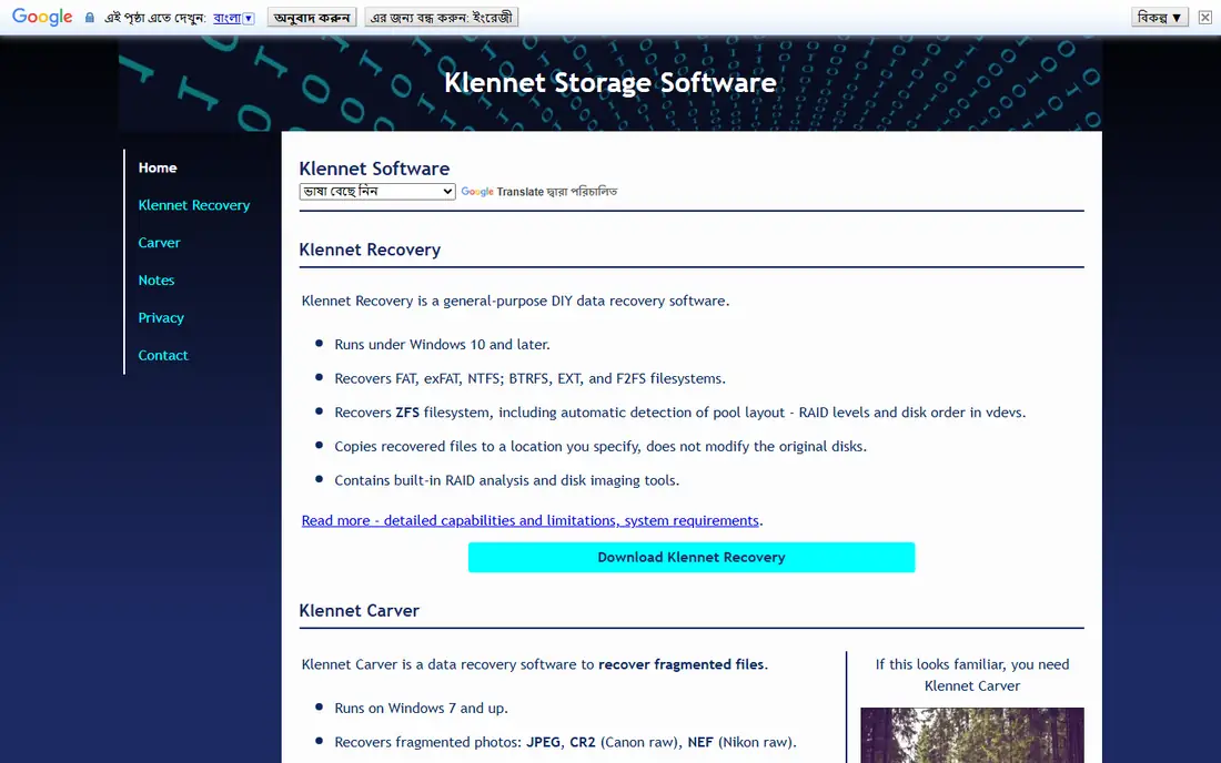 Klennet Recovery homepage