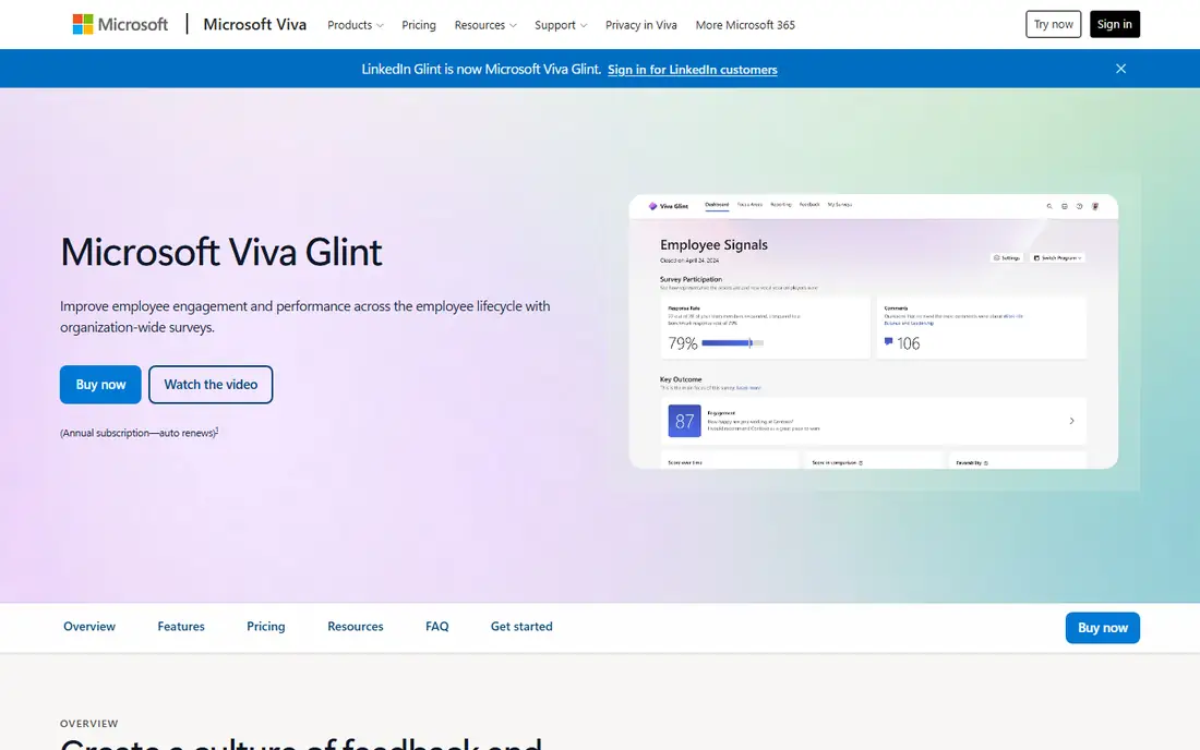 Microsoft Viva Glint homepage