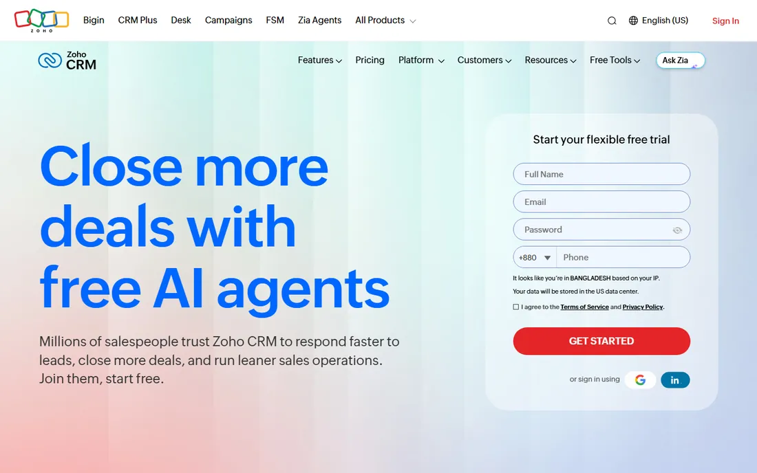 Zoho CRM homepage