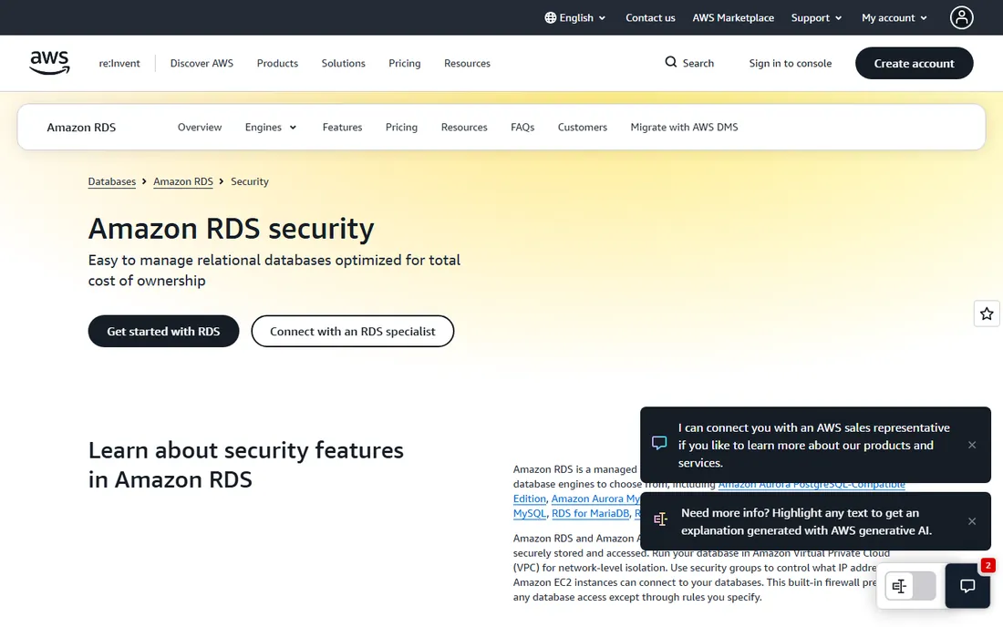 Amazon RDS homepage