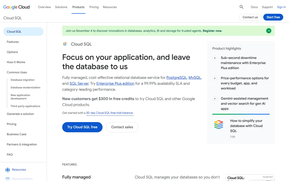 Google Cloud SQL homepage
