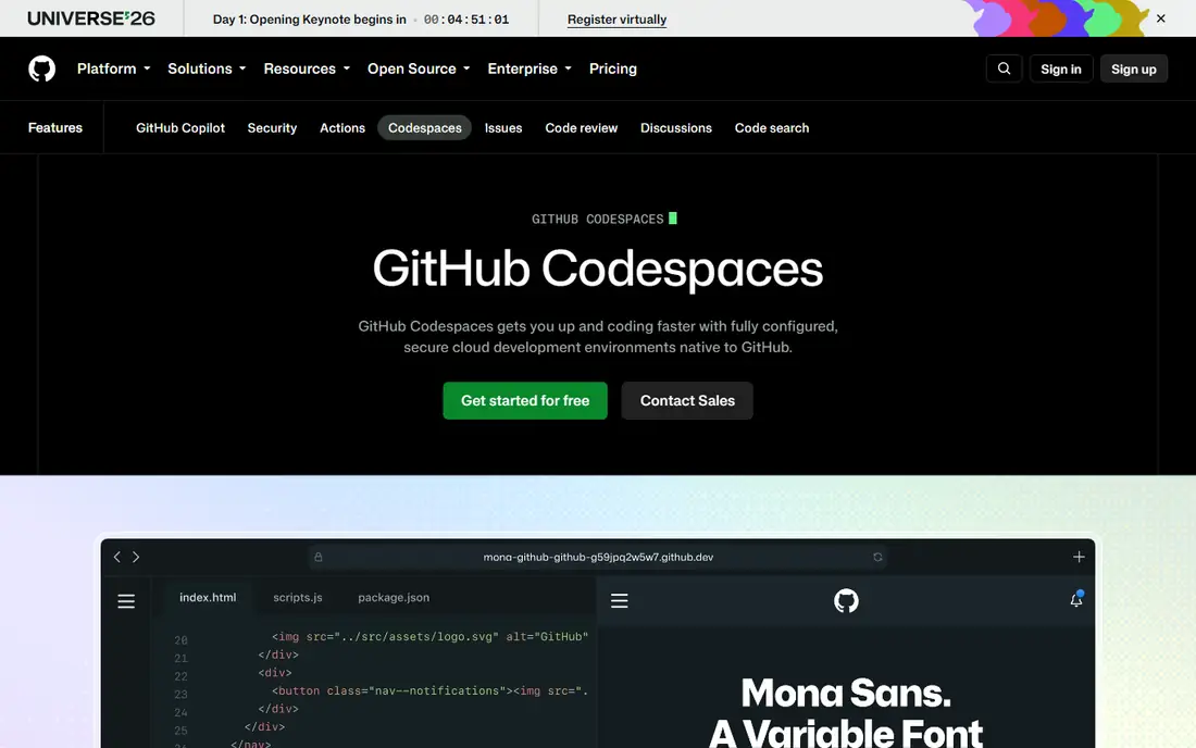 GitHub Codespaces homepage