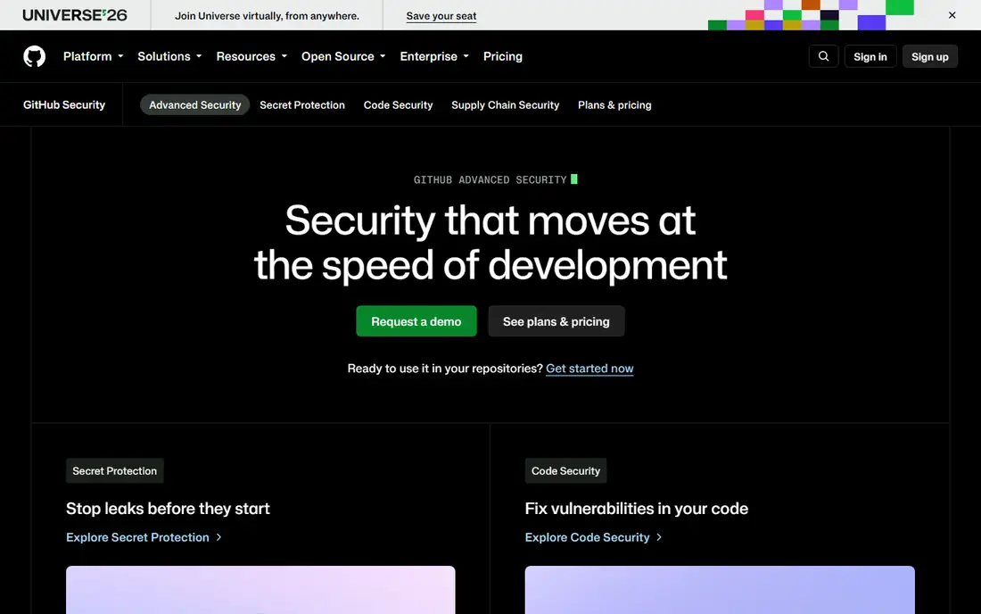 GitHub Advanced Security homepage