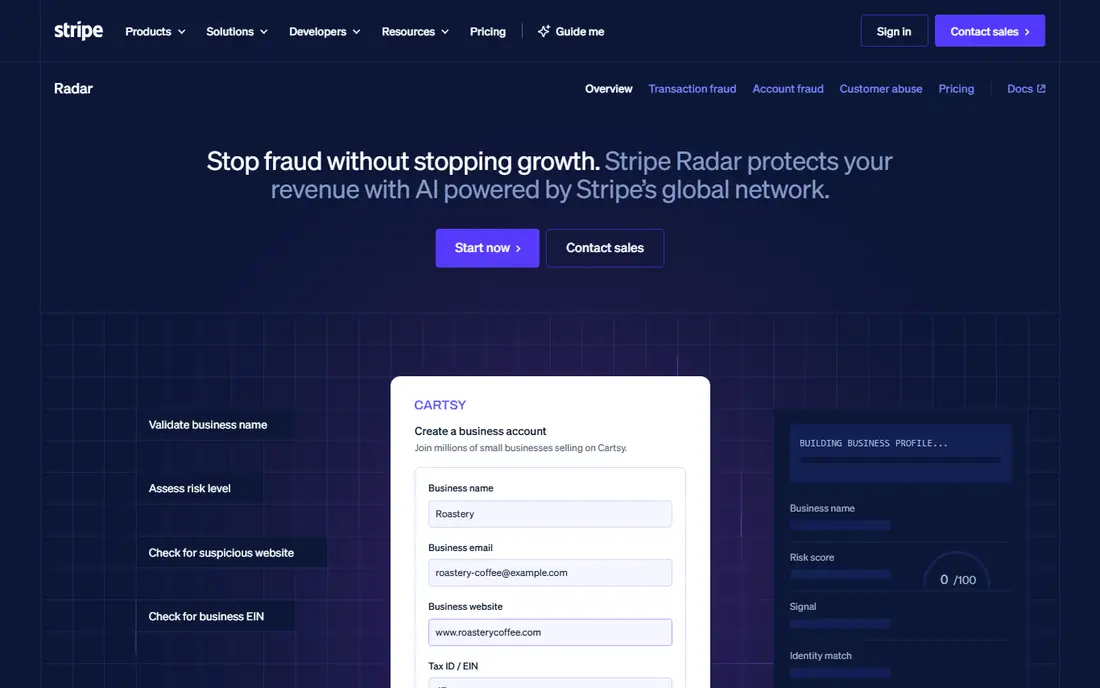 Stripe Radar homepage